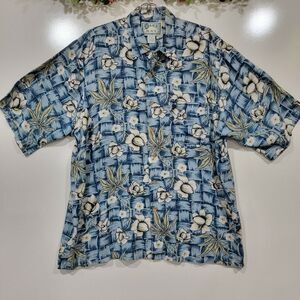 Vintage Mens Medium Floral Tiki Hawaiian Button Up Relaxed Fit Shirt Coastal
